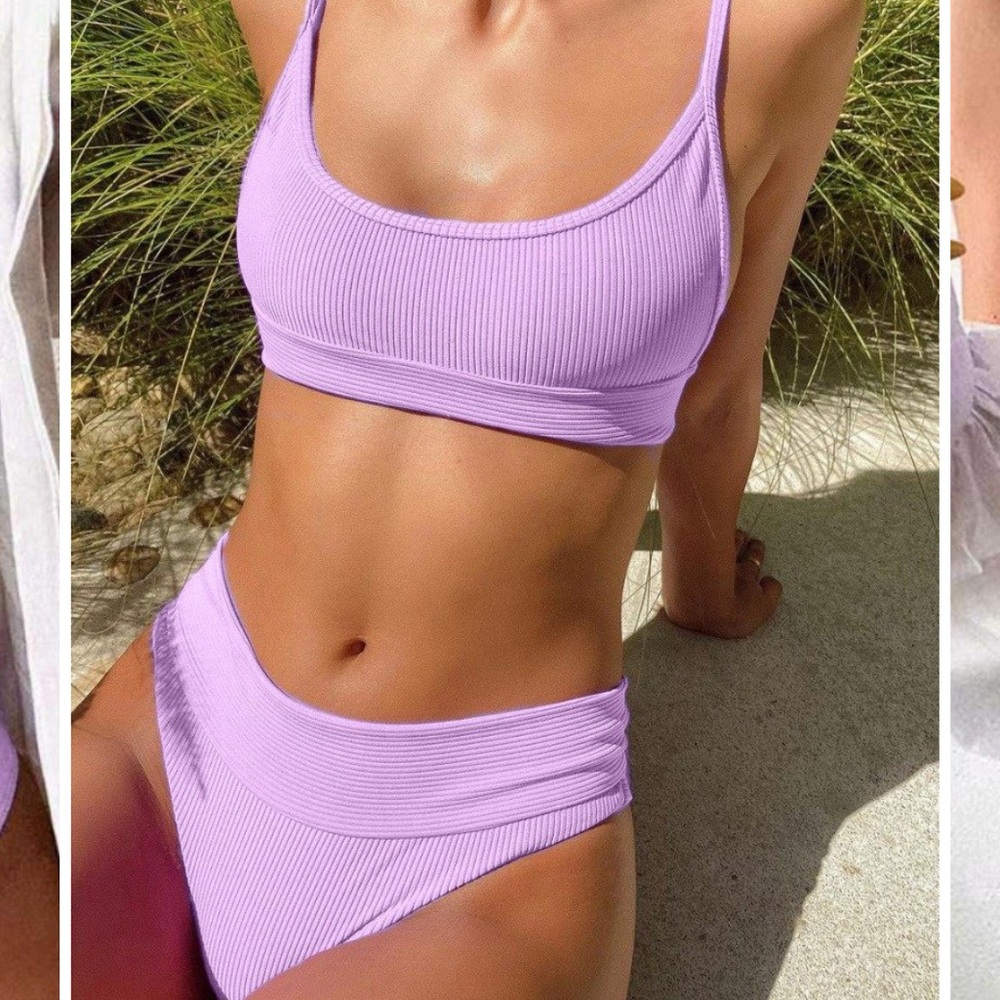 U Neck Rib-Knit Purple Bikini Set M